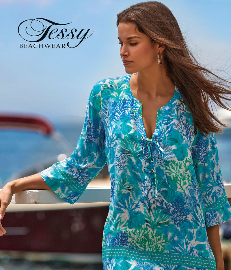 Model wearing 'Coral' beachwear, by Tessy