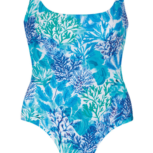Tessy 'Pacific' Square Neck Swimsuit in Blue (pack shot, front detail).