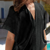 Model wearing Guayana collection 'Neli' Black Kaftan, by Tessy (front view, close-up).