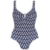 Habana collection 'Bambu' White-on-Navy-Blue Padded Swimsuit, by Tessy (pack shot, front).