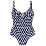 Habana collection 'Bambu' White-on-Navy-Blue Padded Swimsuit, by Tessy (pack shot, front).