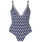 Habana collection 'Dalni' White-on-Navy Blue V-Neck Padded Swimsuit, by Tessy (pack shot, front view).