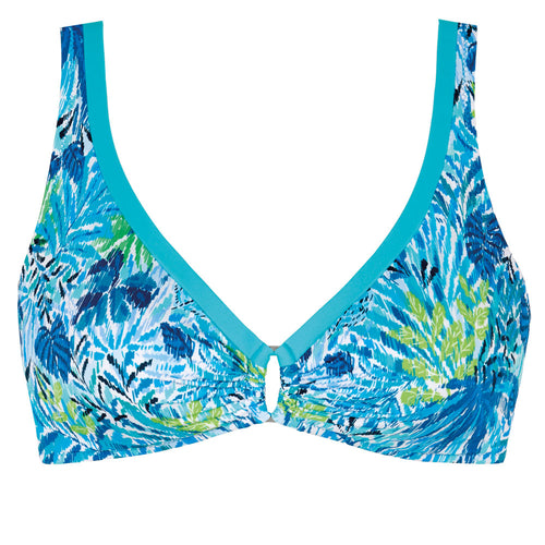 Tessy Haiti collection 'Bimba' Blue 'V' Neck Bikini Top (pack shot, front).