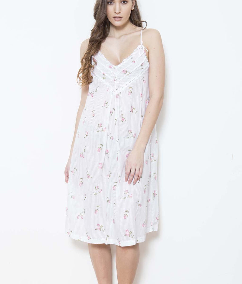 Cottonreal 'Rosebud Stripe' (Floral White) Zad Nightdress - Sandra Dee - Model Shot - Front